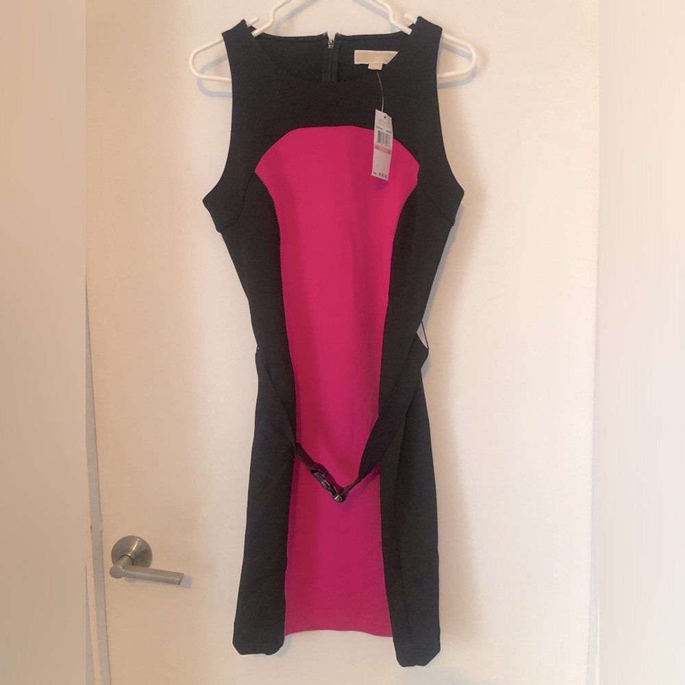 Michael Kors Black & Hot Pink Sleeveless Midi Dress